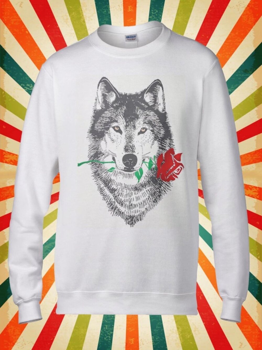 Retro Sunburst Wolf Rose Graphic White Crewneck Sweatshirt Men Women Casual Pull